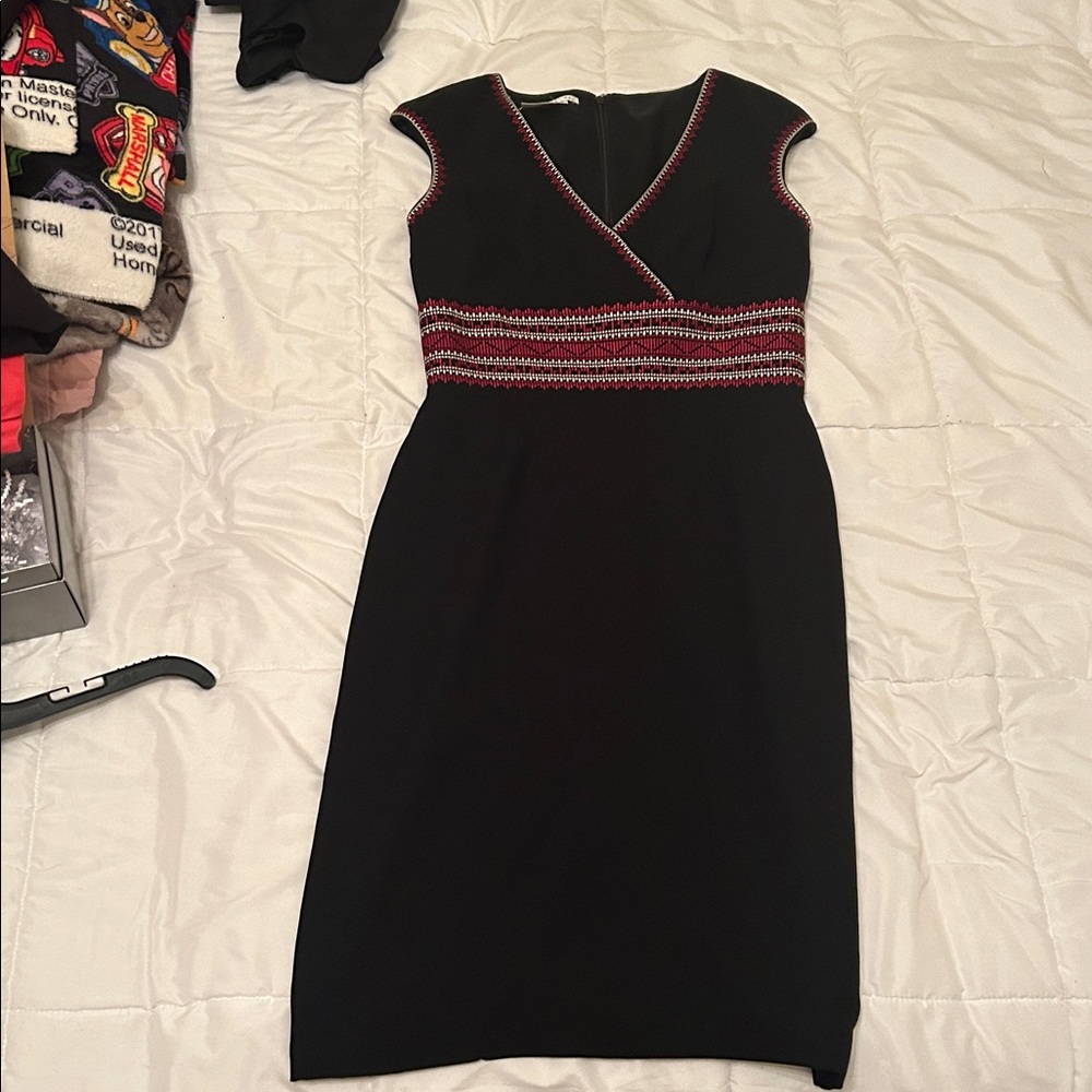 Maggy London Black Dress with Red and white embroidered details